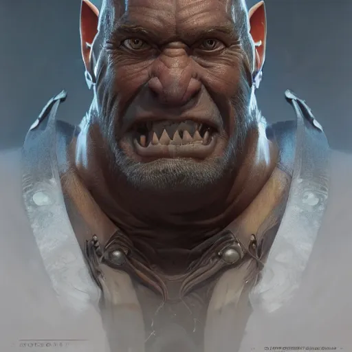 Image similar to Three quarters portrait of a orc, highly detailed, digital painting, art by Stanley Lau and Artgerm and Greg Rutkowski and Alphonse Mucha, artstation, octane render, cgsociety