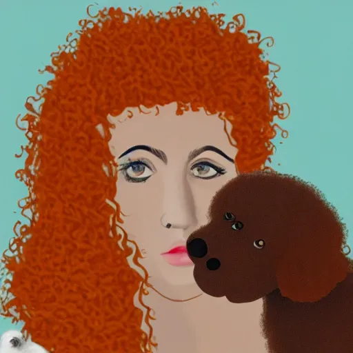 Prompt: a beautiful pale woman with orange hair holding both a curly headed baby boy and also a brown poodle, abstract