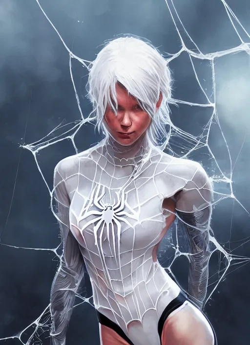 Prompt: full body portrait of white haired girl in spider man suit, muscular, surrounded webs, highly detailed, digital art, artstation, concept art, smooth, sharp focus, greg rutkowski, rhads, wlop