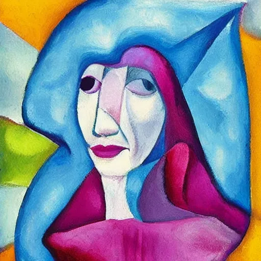 Image similar to woman in glorious robes rose up vast as the skies, old as the mountains and formless as starlight to shelter the precious memories, matter, messages, abstract art in the style of cubism and georgia o keefe