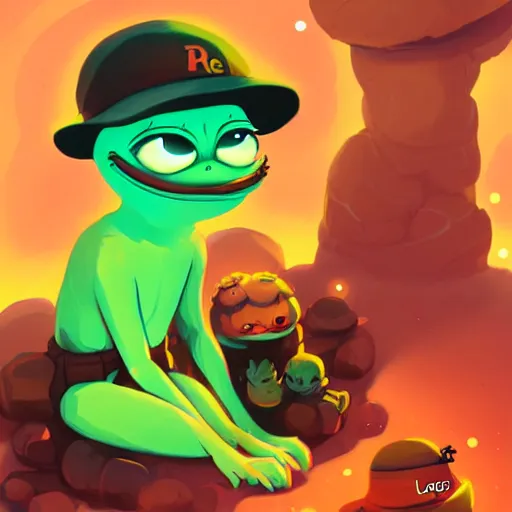 Image similar to happy pepe the miner in the cave, art by lois van baarle and loish and ross tran and rossdraws and sam yang and samdoesarts and artgerm and saruei and takaya imamura