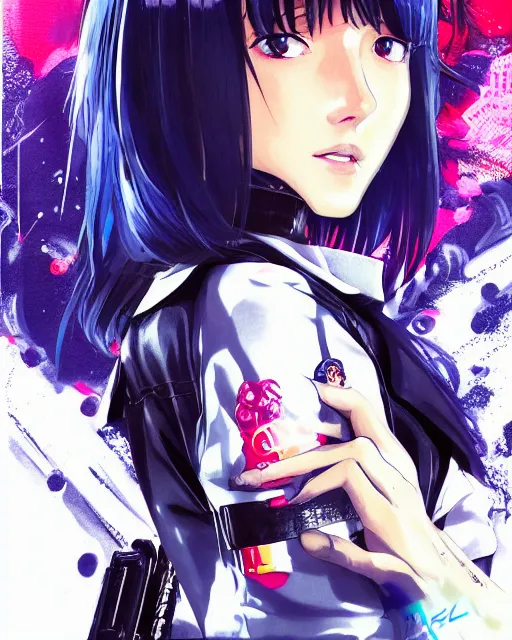 Prompt: ! dream police officer girl very very anime!!! fine face, audrey plaza, realistic shaded perfect face, fine details. anime. realistic shaded lighting cyberpunk futuristic neon tattoos styled hair reflective puffy sheen film jacket decorated poster by ilya kuvshinov katsuhiro otomo ghost in the shell magali villeneuve artgerm jeremy lipkin michael garmash rob rey