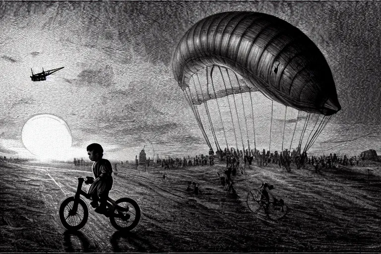 Image similar to kid rides a bicycle waving good bye to the airship at sunset, in the style of gustav dore, intricate and epic composition, purple by caravaggio, insanely quality, highly detailed, masterpiece, purple light, artstation, 4 k