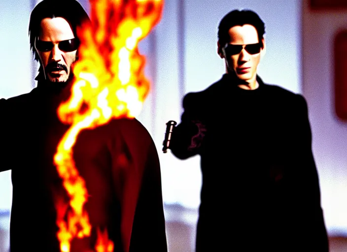 Prompt: Movie still of Keanu Reeves as Neo in The Matrix movie doing a thumb up to the camera in front on burning servers, servers in flames in the background, doing a thumb up, The Matrix servers on fire, Keanu Reeves thumb up, Neo thumb up, doing a thumb up, thumb up, uncropped, full body, crispy, symmetrical face, ultra detailed, cinematic, thumb up, double thumb up to the camera