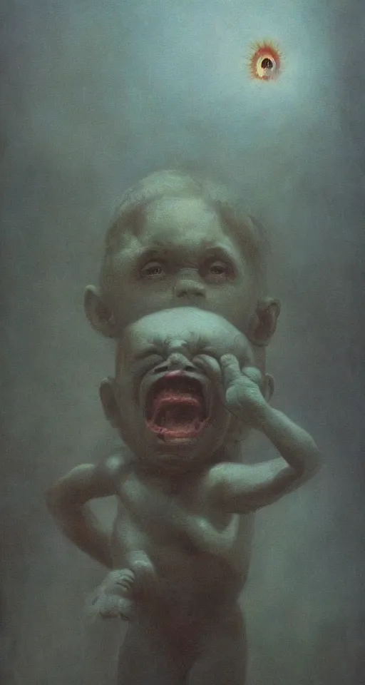 Prompt: Painting in a style of Beksinski featuring a giant baby monster yelling, dramatic lighting, full face, portrait, movie scene, creepy