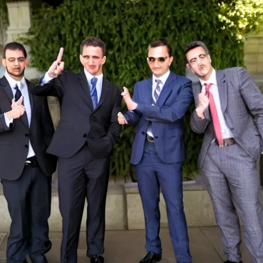 Image similar to businessmen in suits throwing up gang signs at a baby dinosaur