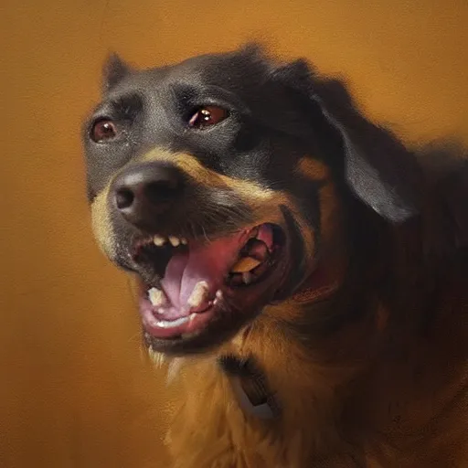 Image similar to a painting of a dog, greg rutkowski, cinematic lighting, hyper realistic painting