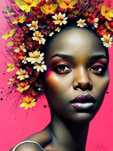 Image similar to portrait of a beautiful black woman with a floral background : : painted by artgerm, karol bak, artur bordalo, sandra chevrier : : portrait, character, illustration, hyperrealism, photorealism