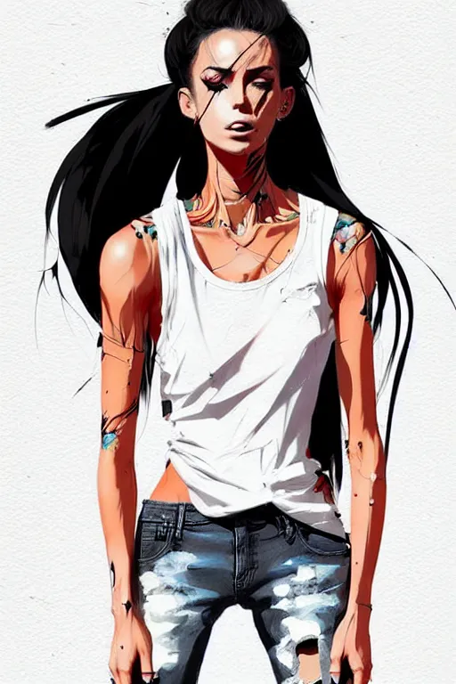 Image similar to a ultradetailed beautiful full body painting of a stylish woman with a ponytail, she is wearing a black tank top and jeans, by conrad roset, greg rutkowski and makoto shinkai trending on artstation