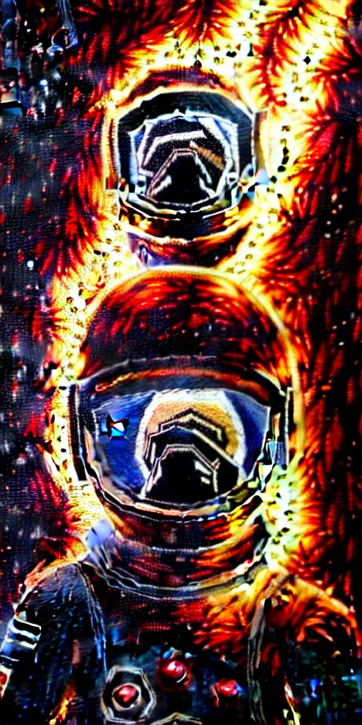 Prompt: an extreme detailed painting with detailed textures of a headless astronaut with quantum fire coming out of his helmet, disturbing cybergothic dystopian polluted high image quality