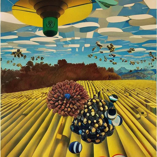 Image similar to giant cubes, spheres, bees, and pinecones fly through the air, as a tornado approaches, by takashi murakami, edward hopper, bo bartlett, wilson mclean, m. c. escher, vincent van gogh, olivia bee, and matthew willey, artstation