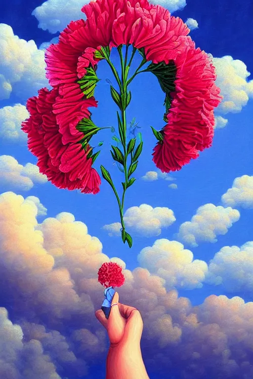 Prompt: closeup, giant carnation flower head, woman falling, surreal, clouds in sky, impressionist painting, digital painting, artstation, rob gonsalves