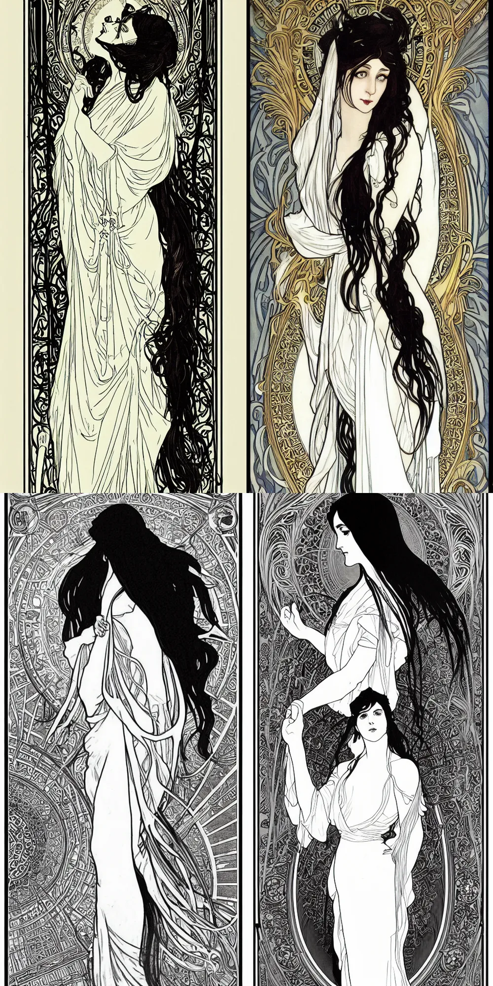 Prompt: studio light, art nouveau temple, long shot black haired priestess in white flowing dress, art nouveau by alphonse mucha, clean lines