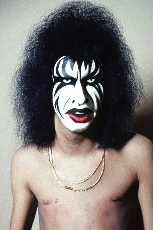 Prompt: portrait of lost member of rock band Kiss, 1975, 35mm lens, grainy