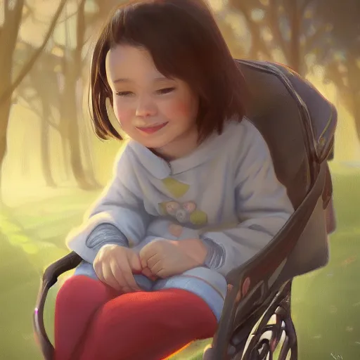 Prompt: a cute cerebral palsy girl child on her stroller, at the park, magical atmosphere, trending on artstation, 30mm, by Noah Bradley trending on ArtStation, deviantart, high detail, stylized portrait