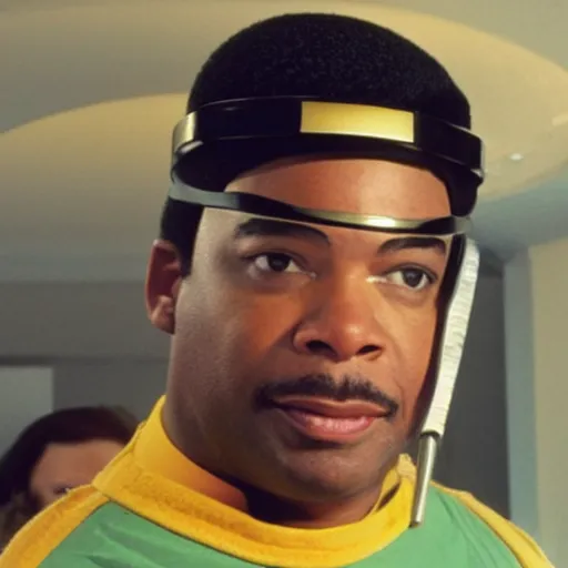 Image similar to Geordi LaForge wearing visor and a colander and random kitchen tools on his head