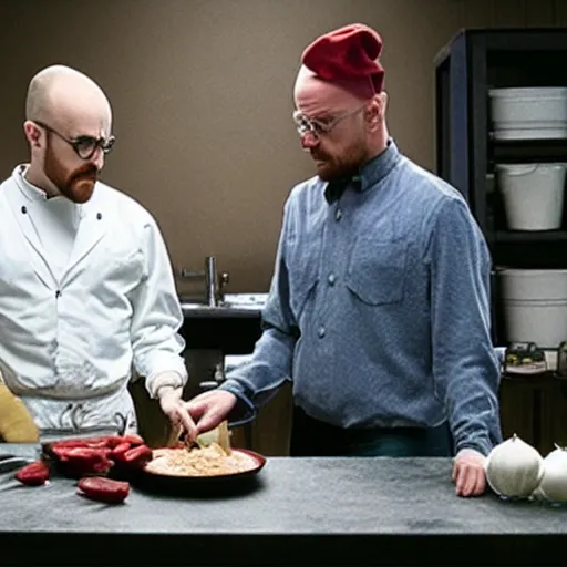 Image similar to jessie pinkman and walter white cooking borsch cinematic extremely detailed