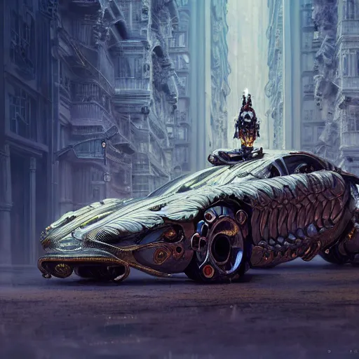 Image similar to cyborg supercar : by michal karcz, daniel merriam, victo ngai and guillermo del toro : ornate, dynamic, particulate, intricate, elegant, highly detailed, centered, artstation, smooth, sharp focus, octane render