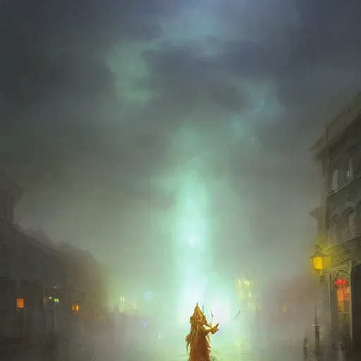 Image similar to epic portrait of a druid, paladin and rogue on the streets of a fantasy town, cloudy, rain, glowing, huge, broad light, ambient occlusion, volumetric light effect, made by ivan aivazovsky, peter mohrbacher, greg rutkowski, matte painting, trending on artstation, 4 k, perfectly defined features, digital painting,