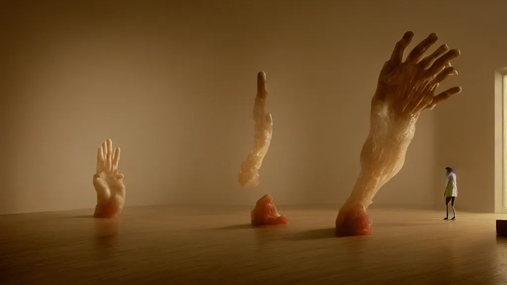 Image similar to a giant hand made of wax and water floats through the living room, film still from the movie directed by Denis Villeneuve with art direction by Zdzisław Beksiński, wide lens