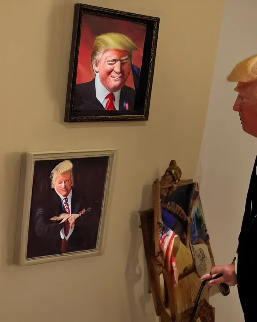 Image similar to a presidential portrait of donald trump as an oompa loompa in the style caricature artist oil painter sebastian kruger hanging on a wall at mar - a - largo