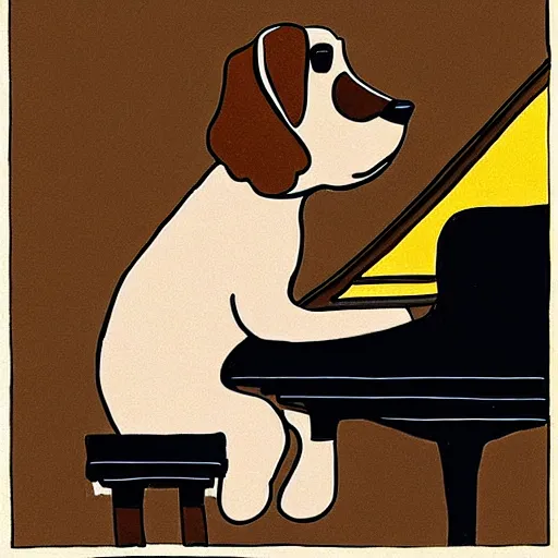 Image similar to a brown spaniel with a white chest , sat down playing a grand piano.modern. Cartoon. Artwork. no text