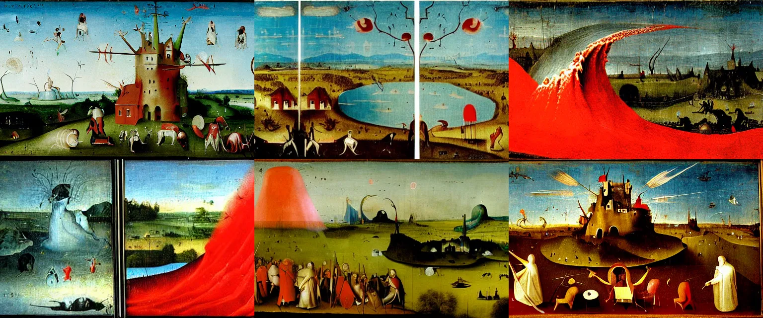 Prompt: a tidal wave of bright red blood spilling out over a countryside, blue skies, painted by Hieronymus Bosch