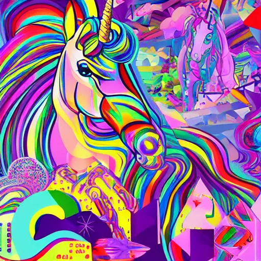 Image similar to a collage of different images with a unicorn, vector art by enguerrand quarton, featured on behance, crystal cubism, datamosh, vaporwave, angular