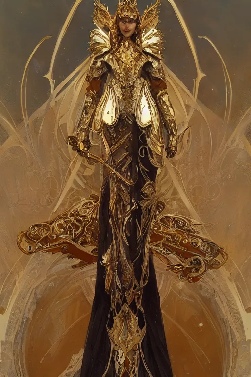 Image similar to full body portrait of a queen wearing white armor with ornate bronze and gold, white gossamer wings, art nouveau, profile, 4K, character concept art, oil painting, trending in artstation, cgsociety, by nekro, Alphonse Mucha, Artgerm, Greg Rutkowski and Craig Mullins