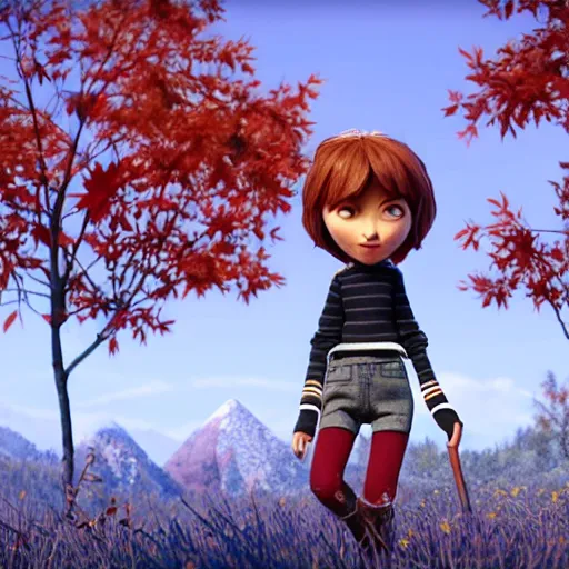 Image similar to a cute stopmotion animation character, a beautiful canadian woman, gardening, very attractive, spiky dark brown and grey hair, striped sweater, tight denim jeans, maroon doc marten boots, canadian maple leaves blowing about, mountains, autumn, unreal engine 5, 8 k, kubo and the two strings, disney, pixar,