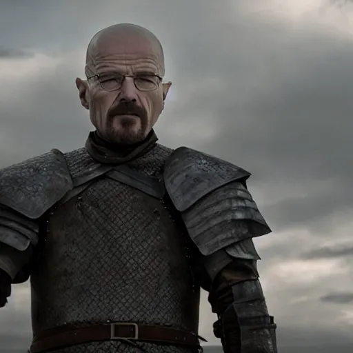 Prompt: walter white dresses like a knight from game of thrones, holding a sword, cinematic, highly - detailed, 8 k, hbo, game of thrones, realistic