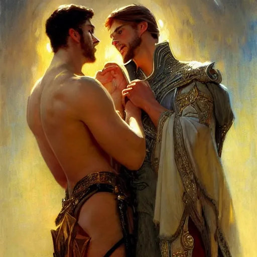 Image similar to attractive fully clothed king confesses his love for his attractive fully clothed male prince. highly detailed painting by gaston bussiere, mark brooks, j. c. leyendecker, craig mullins