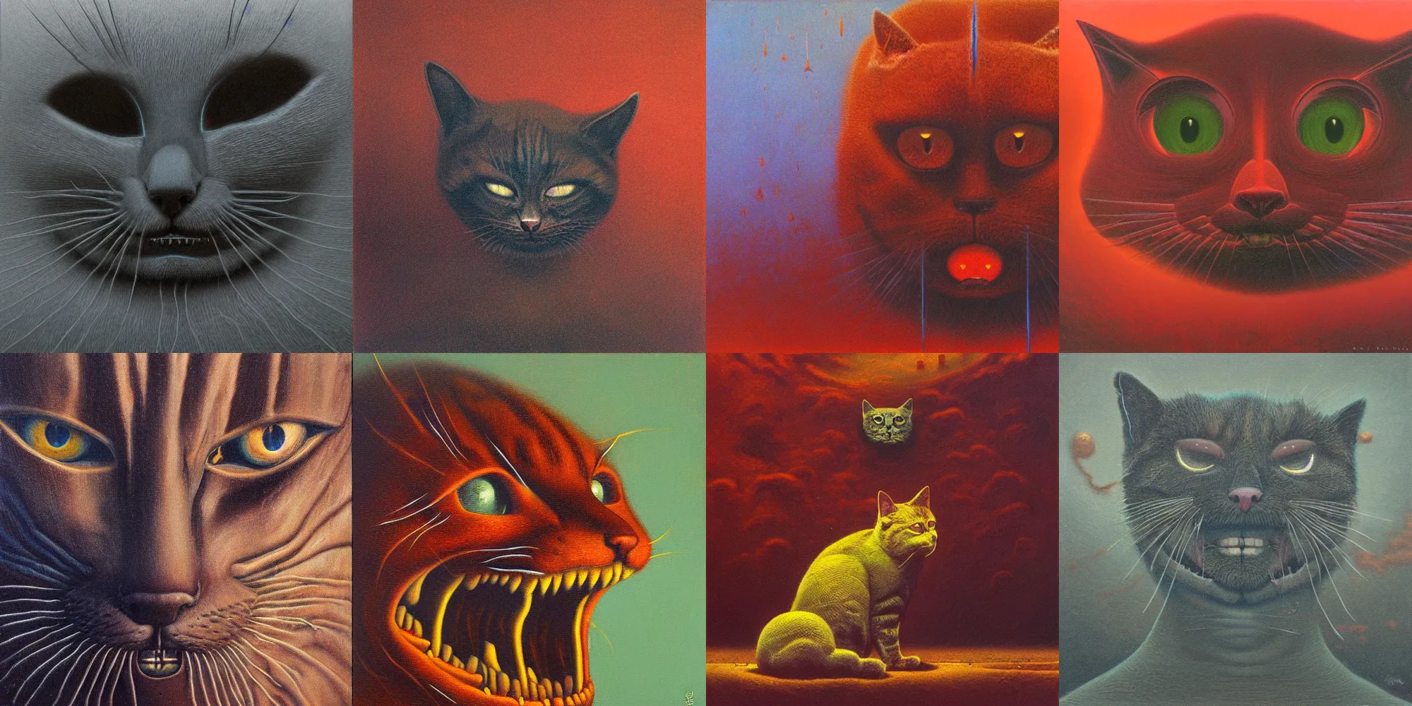 Prompt: grinning evil cat, HD, award winning, in style of beksinski, film grain, medium format, 8k resolution, oil on canvas