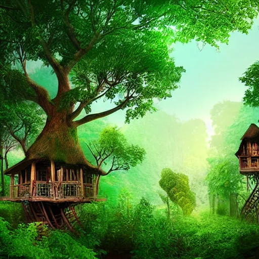 Prompt: a village full of tree houses, lush green forest, high quality art digital art