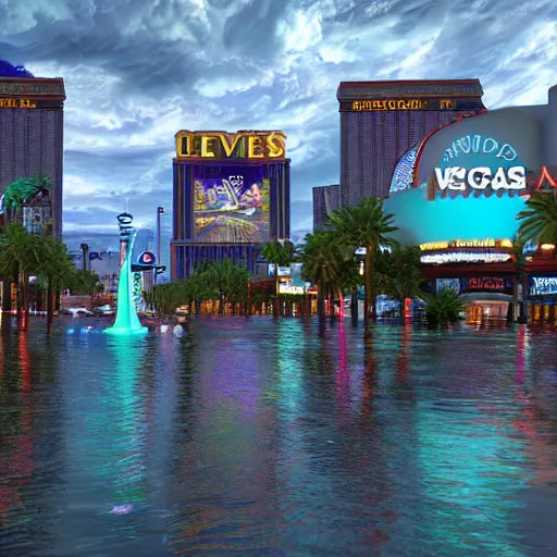 Image similar to las vegas strip being flooded end of the world 3 d studiomax, maya 3 d, unrealengine, 4 k, 8 k, hdr, extreme render, mind - bending reality, hyper detailed, wide angle ultra - vivid, photo - realistic nikon 3 5 mm, photograph