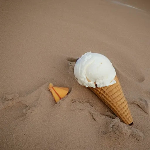 Prompt: a giant ice cream cone laying at the beach