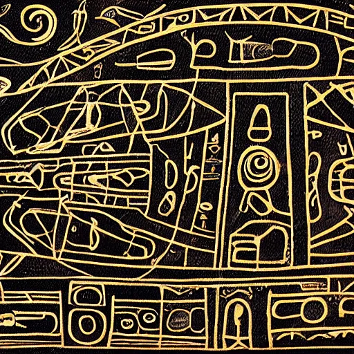Prompt: a high detailed picture of mayan hieroglyphics depicting space ships 4k