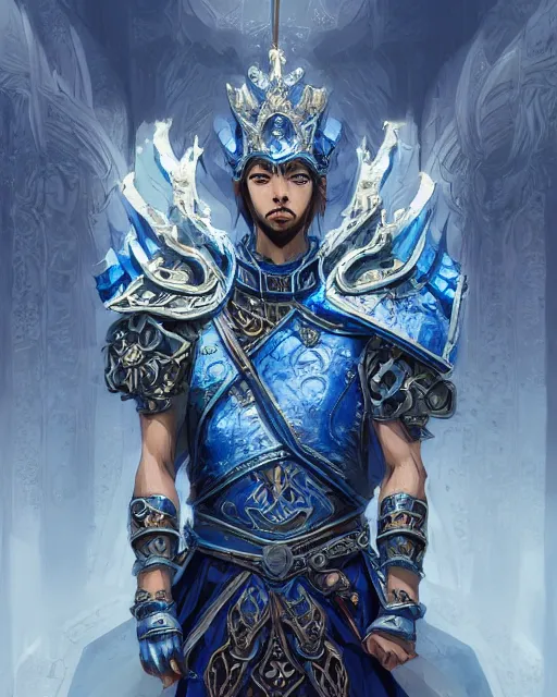 Image similar to concept art, full body portrait of king sorcerers, ornate, blue and silver, armor, robes, hyperrealistic, 4 k, unreal engine, highly detailed, dramatic lighting, beautiful, atmospheric lighting, visible face, by makoto shinkai, stanley artgerm lau, wlop, rossdraws