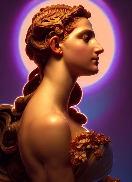 Prompt: side portrait aphrodite from antique greece, greek goddess, gloomhaven, soft, smooth, luminescent, art nouveau tarot, backlit glow, colorful swirly ripples, gaudy colors, aesthetic octane render, unreal engine, 8 k, by artgerm, greg rutkowski, alphonse mucha