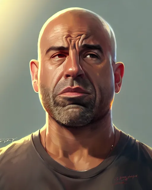 Prompt: character concept art of joe rogan in the movie training day, key visual, realistic shaded perfect face, fine details by stanley artgerm lau, wlop, rossdraws, james jean, andrei riabovitchev, marc simonetti, and sakimichan, trending on artstation