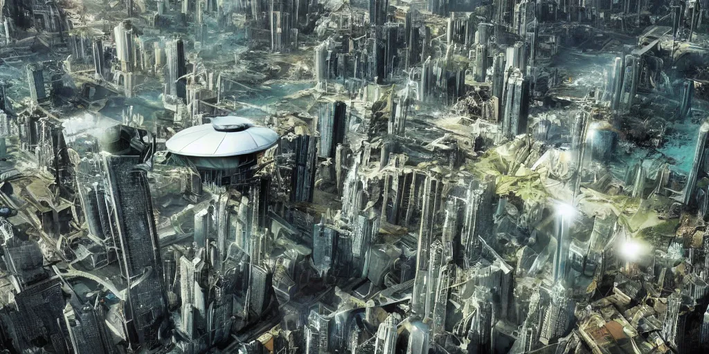 Image similar to future forest city attacked by spaceship, floating broken buildings, gravity mess, star trek, glory war, photograph