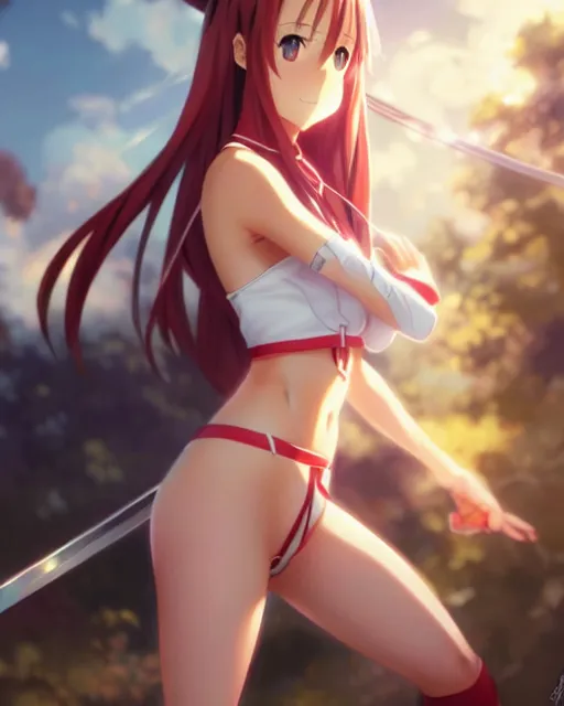 Prompt: photo of asuna from sao, asuna by a - 1 pictures, by greg rutkowski, gil elvgren, rossdraws, enoch bolles, glossy skin, pearlescent, anime, very coherent, maxim magazine, trending