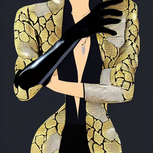 Prompt: cute slim girl, gold suit jacket in snake print, black leather gloves, black short curtain haircut, elegant, 2d, ultra highly detailed, digital painting, smooth, sharp focus, artstation, art by Ilya Kuvshinov