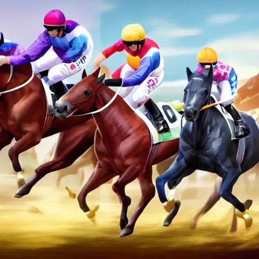 Prompt: Rival stars horse racing new feature, Cat Jockeys, concept art