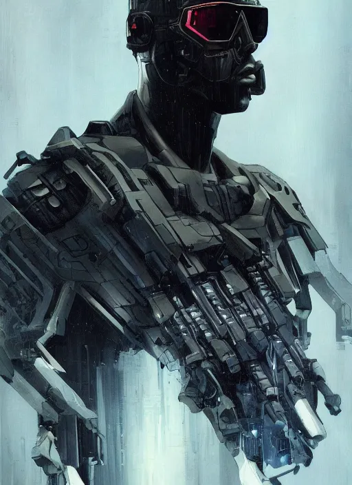 Prompt: dark skinned cyberpunk military man ( blade runner 2 0 4 9, dystopian, cyberpunk 2 0 7 7 character design ), advanced warfare, attractive face. portrait by james gurney and laurie greasley and yoji shinkawa, oil on canvas. cinematic composition, hyper realism, realistic proportions, anatomy, dramatic lighting, photorealistic, high detail, 4 k