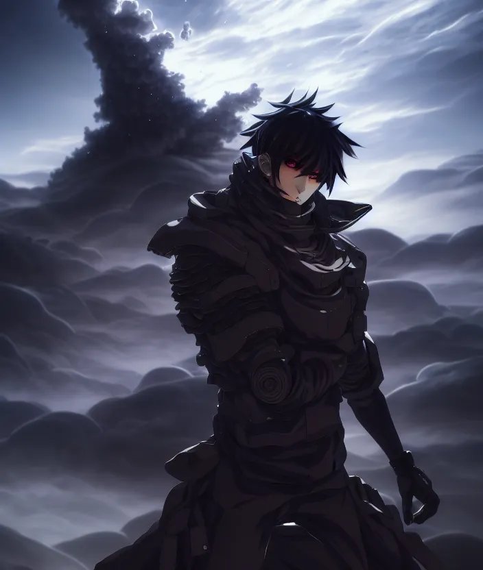 Image similar to a detailed manga illustration character full body portrait of a dark haired cyborg anime man shrouded in clouds of dark smoke and fire, trending on artstation, digital art, 4 k resolution, detailed, high quality, sharp focus, hq artwork, insane detail, concept art, character concept, character illustration, full body illustration, cinematic, dramatic lighting