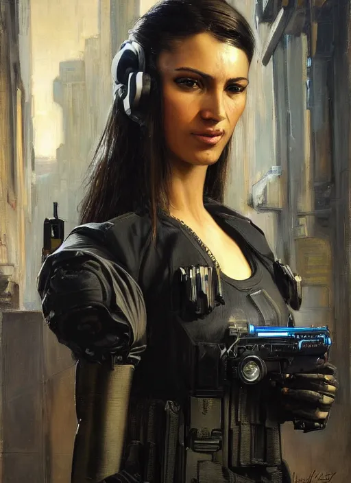 Image similar to Maria. beautiful cyberpunk policewoman wearing a military vest and military stealthsuit (cyberpunk 2077). gorgeous face. african woman. Iranian orientalist portrait by john william waterhouse and Edwin Longsden Long and Theodore Ralli and Nasreddine Dinet, oil on canvas. Cinematic, hyper realism, realistic proportions, dramatic lighting, high detail 4k