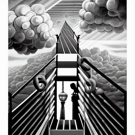 Image similar to A black and white freemasonic chequered surrealist digital painting of a stairway to into the clouds in the art style of jeff koons, Gilbert williams, Edwin Frederic Church and Christopher Balaskas, trending on artstation, 4k UHD