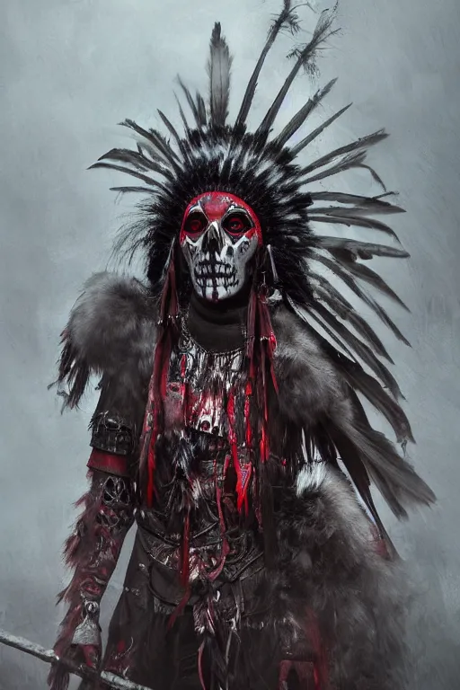 Image similar to the ghost - spirit of the grim - warpaint wears the scarlet skull armor and native blood headdress feathers, midnight fog - mist!, dark oil painting colors, realism, cinematic lighting, various refining methods, micro macro autofocus, ultra definition, award winning photo