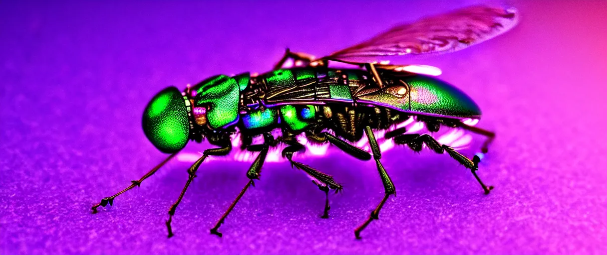 Image similar to high quality macro photo iridescent cyborg fly! jeweled very beautiful! highly detailed digital art david ligare elson peter cinematic purple neon lighting high quality low angle hd 8k sharp shallow depth of field